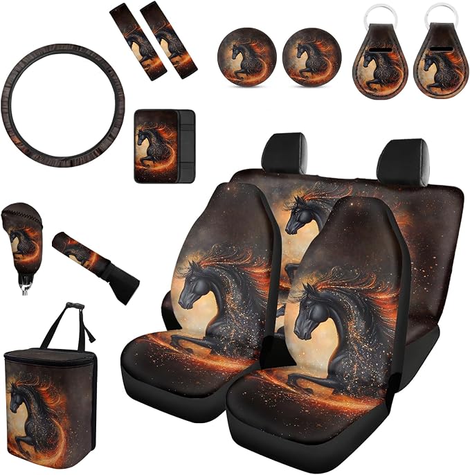 Forchrinse Horse Car Sea Covers Front Back Seat Combo Set with Steering Wheel Cover/Armrest Seatbelt Cover/Handbrake Gear Shift Cover/Garbage Trash,Universal 15Pcs Car Accessories Set