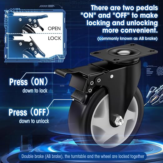 5" Heavy Duty Plate Casters, 1400 Lbs Dual Brake - Set of 4 | Black 1400 Lbs per 4 casters. 360° Swivel. Dual lock. PU won't mark floors. For workbench, furniture, cart.