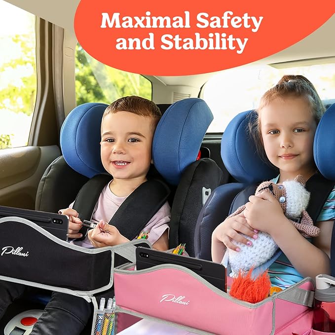PILLANI Kids Travel Tray for Car Seat - Carseat Tray w/ iPad Holder & Dry Erase Board, Road Trip Activities - Toddler Lap Desk Organizer for Airplane - Roadtrip & Travel Essentials - Pack of 2, Pink