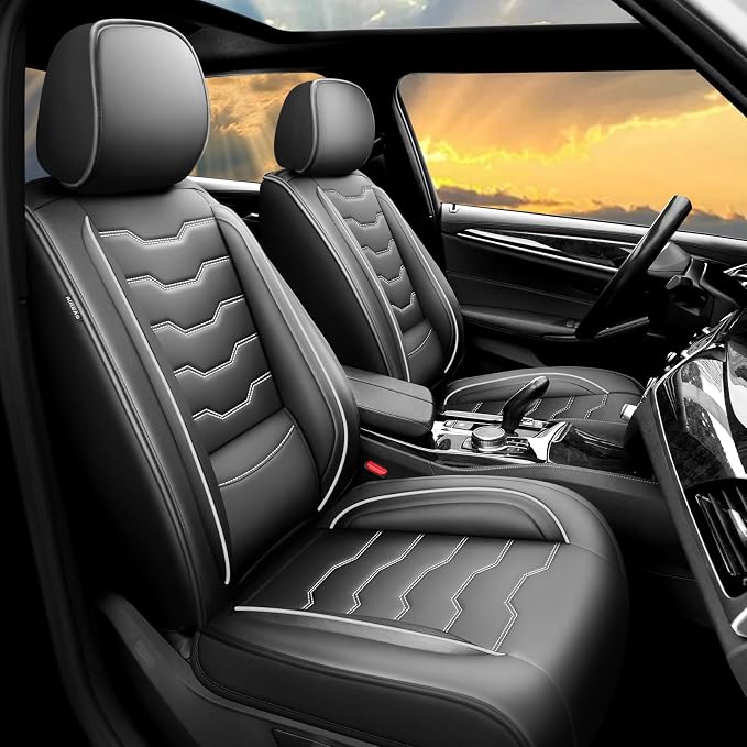 Fit Explorer Car Seat Covers Premium Leather for Ford Explorer 2004-2025 2026. Waterproof， Anti-Slip, Scratch-Resistant & All-Weather Seat Cushion Protector (Full Set, White Line Black)