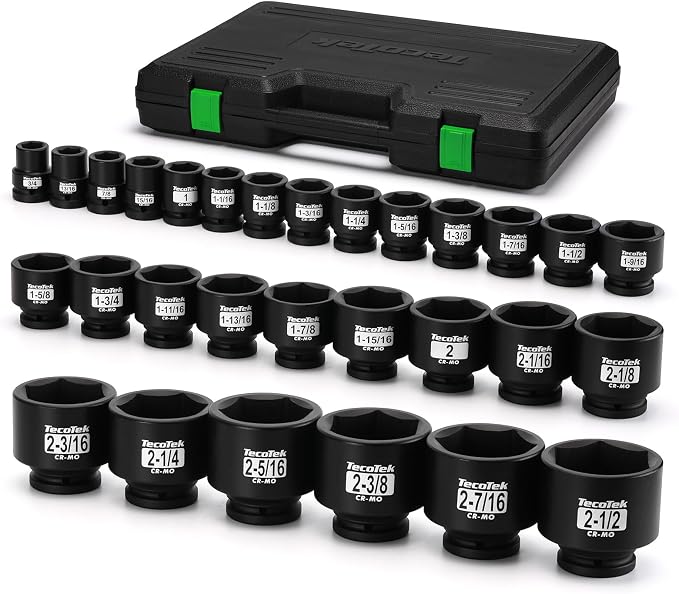 TecoTek 3/4" Drive Shallow 6-Point Impact Socket Set, 29-Piece Jumbo Assortment, CR-MO, SAE, 3/4 inch - 2-1/2 inch, Heavy Duty Storage Case