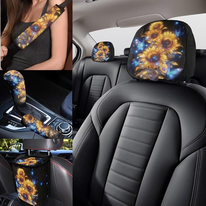 Sunflowers Car Seat Covers Full Set for Women,17 Pack Neon Sunflowers Car Aaccessories with Butterfly Vehicle Trash Bag Headrest Covers Steering Wheel Cover,Universal Fit Most Car
