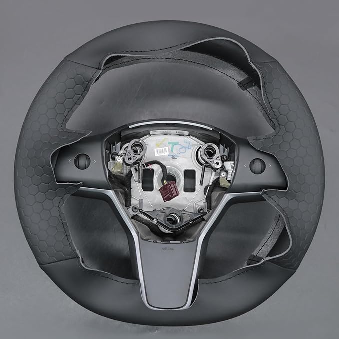 MEWANT Hand Stitch Steering Wheel Cover for Tesla Model Y Model 3 Made of Black Smooth Hexagon Embossed Faux Leather