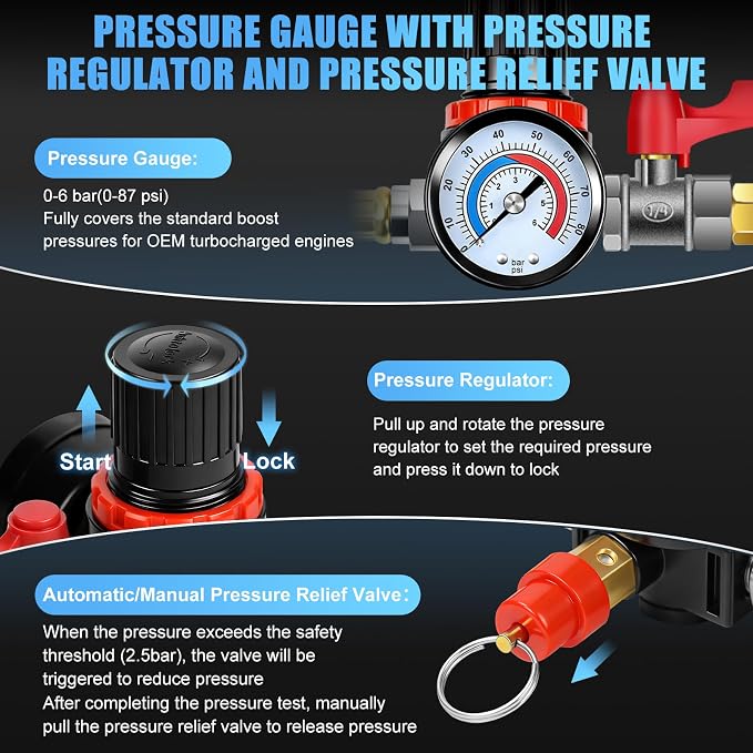 Turbo Boost System Leak Tester 15PCS Kit Test Turbocharger Intercooler Pipe | Turbine Leakage Detector with 0-6Bar Gauge, 6 Pairs Stepped Adapters (46mm to 100mm Quick-Connect Inlet & Sealed Outlet Plug)
