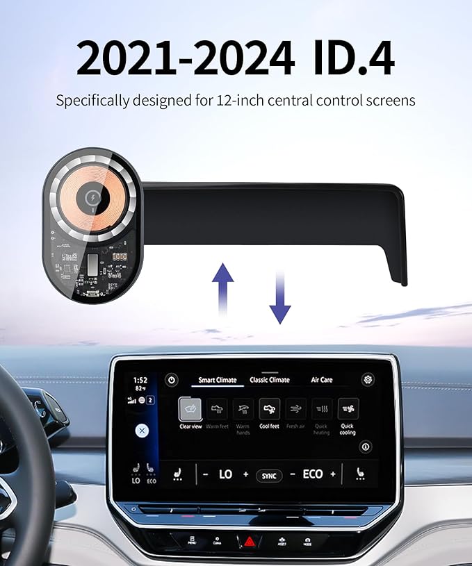 Wireless Charging Car Phone Holder for Volkswagen ID.4 2021-2024, 12" Screen Fixed Clip, 360° Rotation Car Phone Mount Compatible with MagSafe