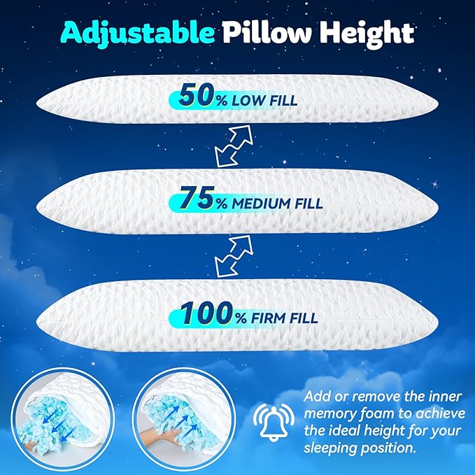 KUCEY Body Pillow for Side Sleeper with Neck and Shoulder Pain,Adjustable Shredded Memory Foam Pillows, Cooling Pillow for hot Sleepers with Washable Cover, Bed Pillows for Adults, Original White