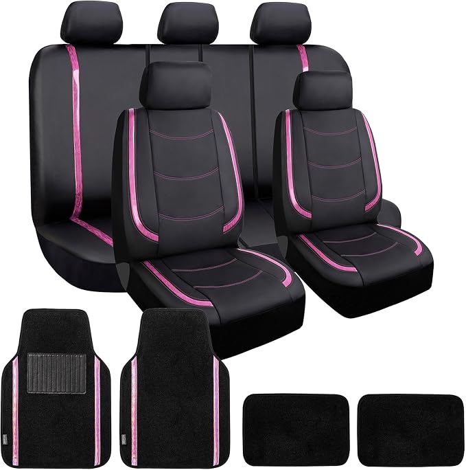 FH Group Galaxy13 Metallic Striped Deluxe Leatherette Car Seat Covers with Matching Carpet Floor Mats – Full Set, Universal Fit, Airbag Compatible for Cars, SUVs & Sedans, Pink