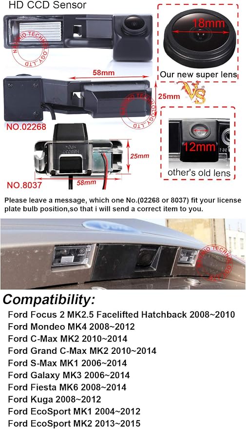 Super HD Vehicle Camera 1280x720 Pixels Car Rear View Backup Camera Reverse for Ford Focus 2 MK2.5 Mondeo MK4 C-Max MK2 Grand C-Max MK2 S-Max MK1 Galaxy MK3 Fiesta MK6 Kuga EcoSport MK1 EcoSport MK2