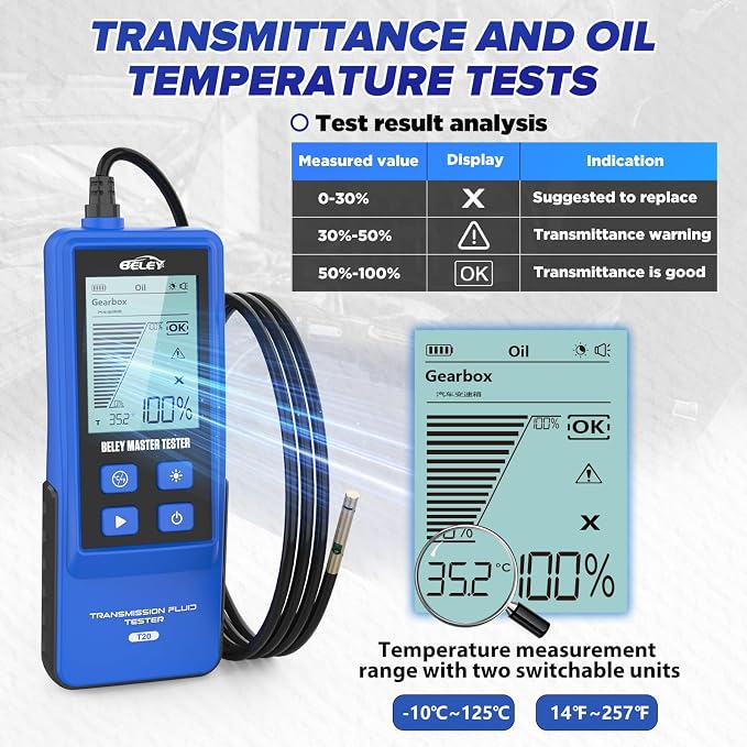 Transmission Fluid Tester Kit Gasoline & Diesel Gearbox Oil Diagnostic Tool High-Precision Diagnostic Analysis Tool with 31.5in Probe Transmittance/Temperature Testing, 2.8in Display (4 Batteries)