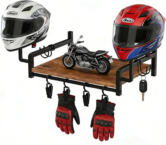 Helmet Rack Wall Mount,Solid Wood Motorcycle Helmet Rack with 4 Hooks & 4 Clips,Universal Wall Mount for Helmets, Gear, Clothes,Motorcycle Accessories
