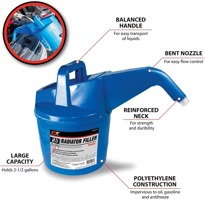 Performance Tool W54273 Plastic Radiator Filler - 2.5 Gallon,Blue