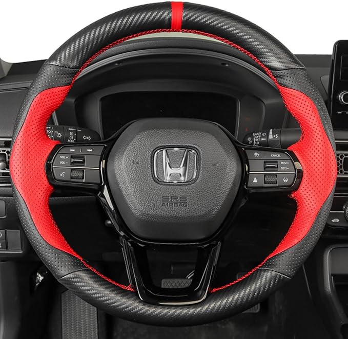 Hand-Stitched Steering Wheel Wrap for 11th Gen Honda Civic 2022 Interior Steering Wheel Protection Skin Cover Accessories (Red Perforated Leather+Matte Black Carbon Fiber)