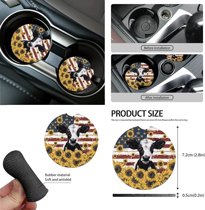 Cow American Flag Sunflower Print Auto Seat Covers Full Set, Car Accessories Set of 13, Breathable Steering Wheel Cover, Seat Belt Pads, Cup Holder Coasters, Universal Fit for Most Cars