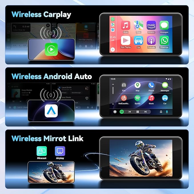 Motorcycle CarPlay Screen with Wireless Apple CarPlay Android Auto,4.7 Inch Waterproof Touch Screen, GPS Navigation for Motorbike Supports GPS Navigation/Mirror Link/Bluetooth Transmission
