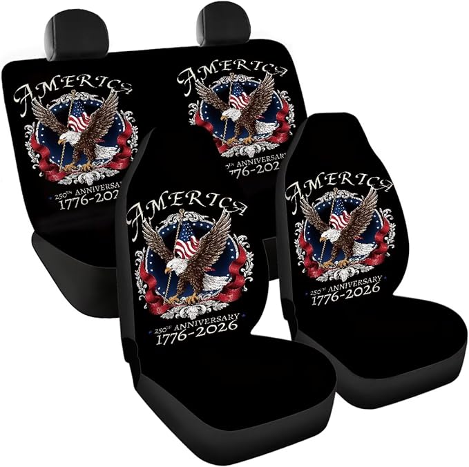 America 1776-2026 Eagle Car Seat Cover Set with Steering Wheel Wrap, 11 Pack, Patriotic Auto Accessories with Non-Slip & Breathable Fabric, 250th Anniversary Decorate for Car, SUV, Truck