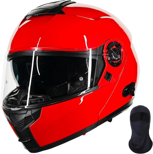 ILM 159BT Bluetooth Modular Motorcycle Helmet 2-3 Riders Intercom Full Face Flip up Casco DOT with Face Mask (Red, L)