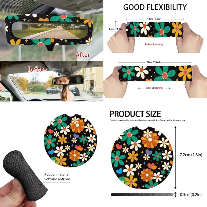 15 Pcs Hippie Flower Car Seat Cover Full Set for Women with Car Steering Wheel Cover Seat Belt Cover Trash Bin Front Rear View Mirror Car Cup Holder Keychain