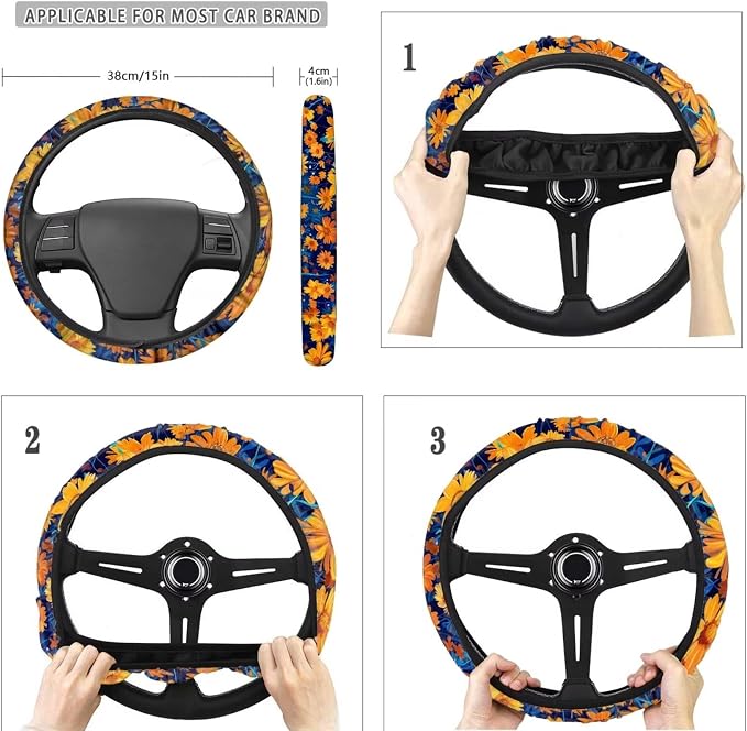 POLERO Galaxy Floral Car Seat Covers Womens Floral Steering Wheel Cover Set 11Pcs Aesthetic Car Interior Accessories with Cute Keyrings