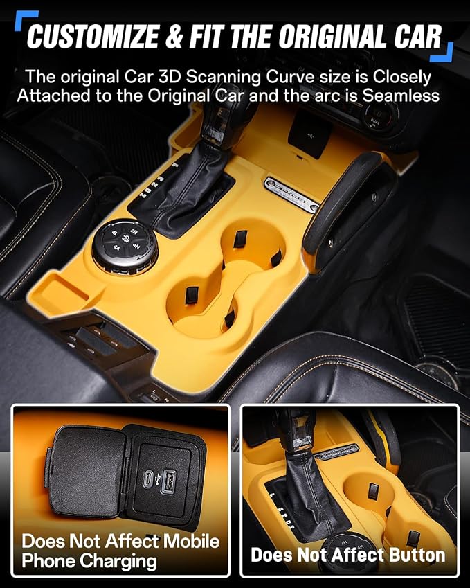 Central Control Storage Box fit for 2021-2024 Ford Bronco Automatic Transmission 2/4 Door Water Cup Silicone Non-Slip Mat Central Protective Scratch Pad Interior Modification Accessories-Orange