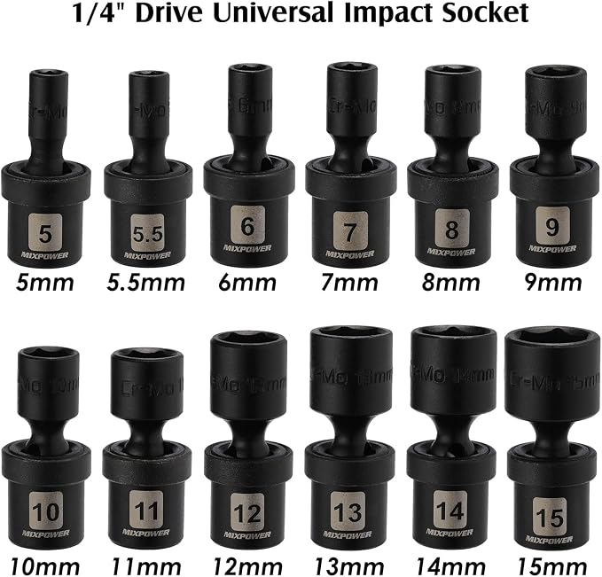 MIXPOWER 12 Pieces 1/4" Drive Metric Shallow Universal Impact Socket Set, CR-MO, Swivel Socket with Flexible Wobble, 5mm - 15mm