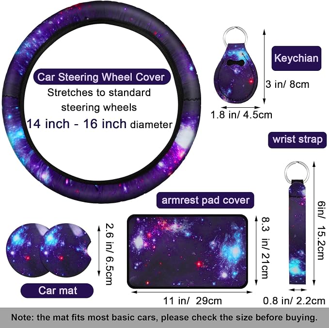 Frienda 15 Pieces Galaxy Car Seat Cover Steering Wheel Cover Universal Star Space Galaxy Car Accessories Separate Headrest Seat Belt Pads fit for Auto Truck Van SUV