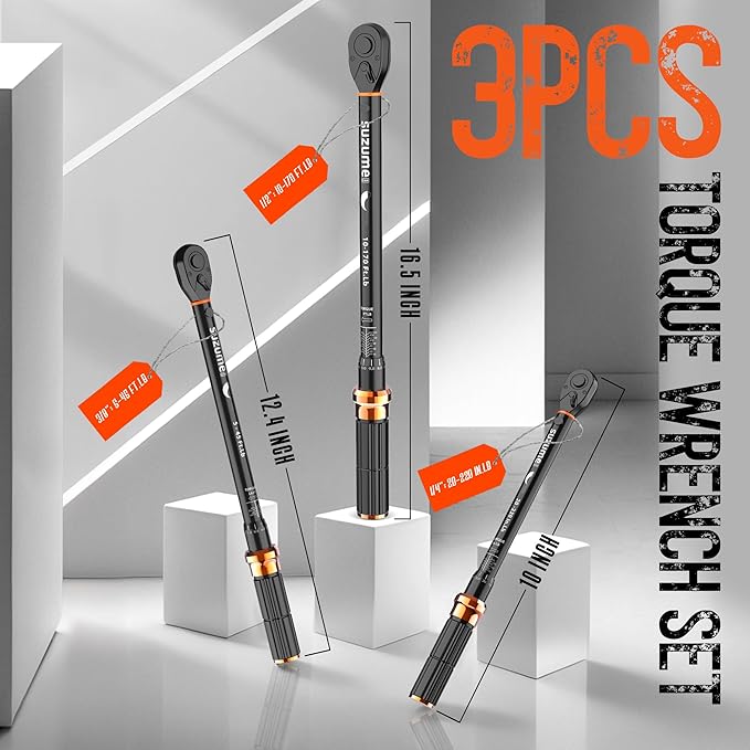 SUZUME 3PCS Torque Wrench Set 72 Teeth Dual-Direction Adjustable Torque Wrench Dual-Scales 1/4 & 3/8 & 1/2-Inch ±3% Accuracy Click Torque Wrenches for Bicycle, Motorcycle, Car,Maintenance
