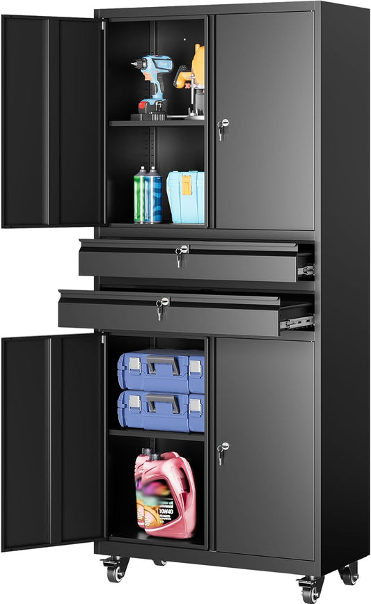 Metal Storage Cabinet with Wheels and Drawers,Rolling Garage Storage Cabinet with Locking Doors and Adjustable Shelves,73" Mobile Tall Large Metal Tool Cabinets with Locks for Home,Office,Garage