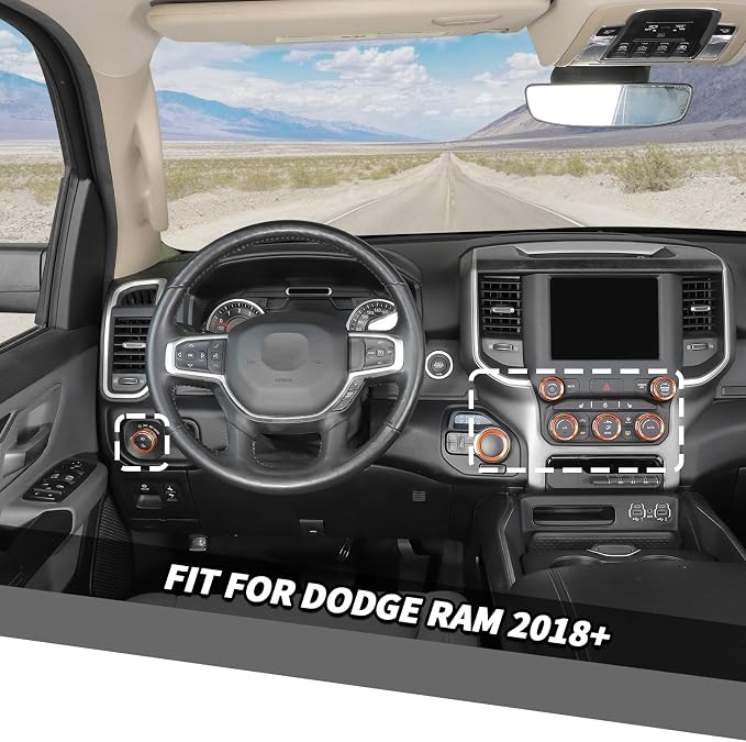 Jimen for Ram Center Console Knob Covers, 7PCS AC Air Conditioner Audio Volume Button & Headlight Switch & 4WD Shifter Knob Ring Trim Fit for Dodge Ram 2018-2025 (Orange)