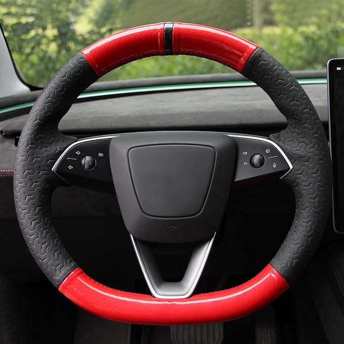 MEWANT DIY Embossed Faux Leather PU Carbon Fiber Steering Wheel Cover for Tesla Model Y Juniper Model3 Highland 2025