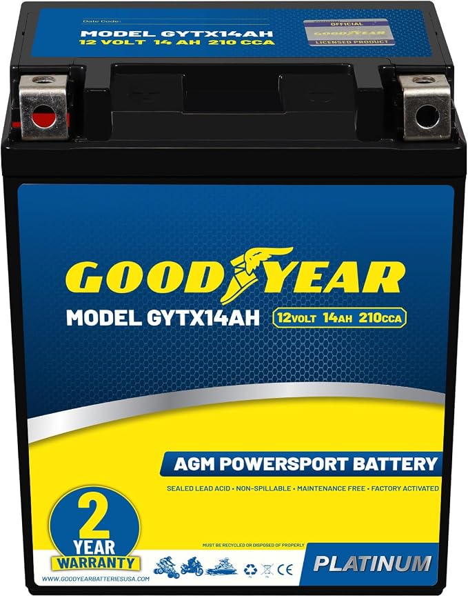 Goodyear GYTX14AH - 12 Volt 14 AH, 210 CCA, Rechargeable High-Performance, Maintenance Free, SLA - AGM Battery for Motorcycle, ATV, UTV, 4-Wheeler, Snowmobile, Watercraft and more!