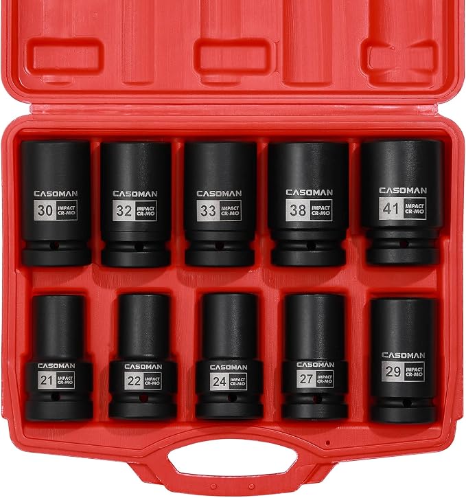 CASOMAN 10PCS 1-Inch Drive Deep Impact Socket Set, Metric, CR-MO, 21,22,24,27,29,30,32,33,38,41mm, Deep Spindle Axle Nut Impact Socket Set