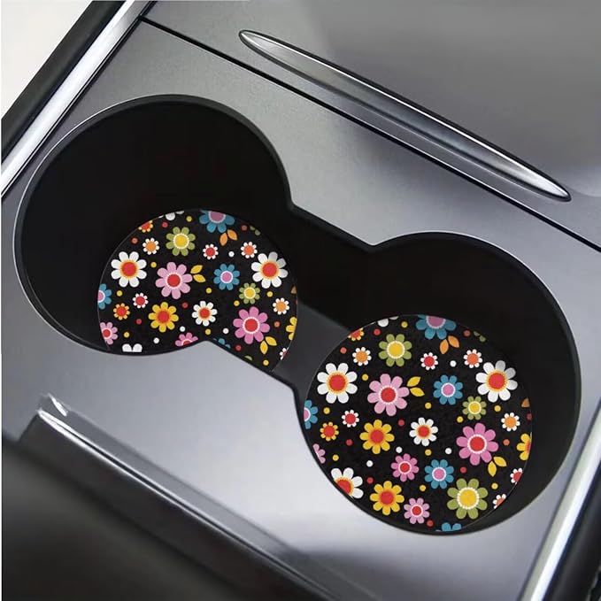 BIGCARJOB Stylish Daisy Print Car Interior Accessories Full Set 12 Pcs Auto Seat Cover for Front Rear Vintage Daisy Print Seat Belt Cover,Armrest Seat Box Cover Cushion,Cup Mats