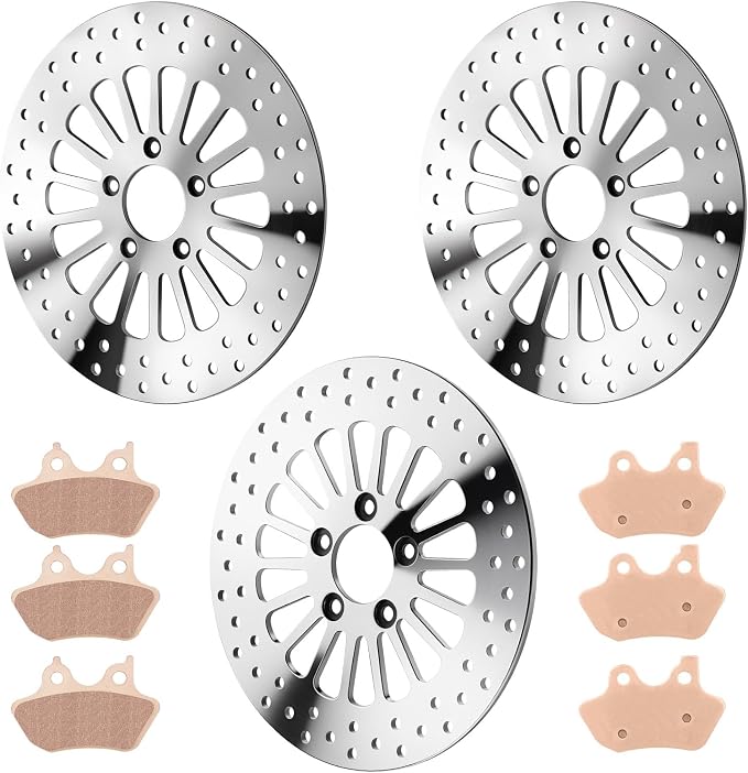 11.8" Front and Rear Brake Rotor Pad Set for Harley Davidson Touring Models, for Road King/Street Glide/Road Glide/Electra Glide 2008-2022, Mirror-Polished Stainless Steel Rotors, 3PCS