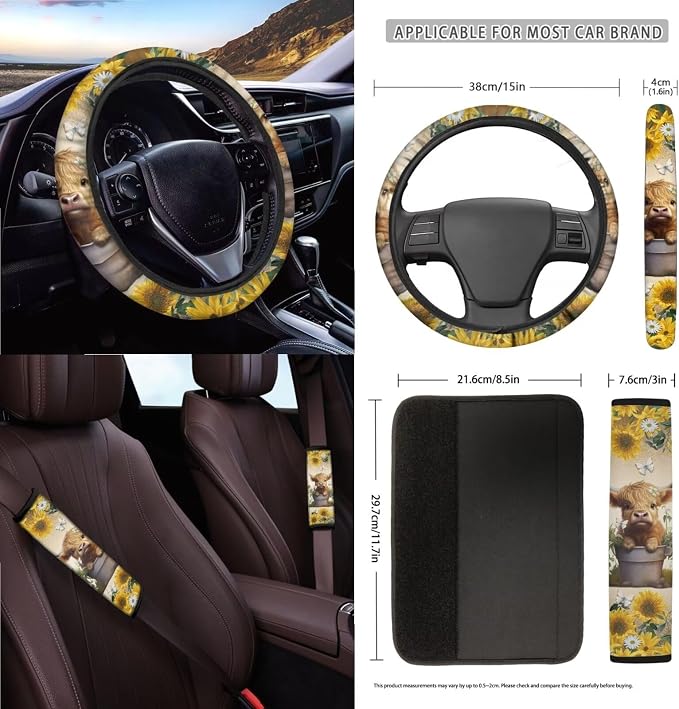 Wanyint Highland Cow Sunflower Car Front Back Seat Covers Full Set, with Car Steering Wheel Cover Safe Belt Pads Coasters Garbage Can Rear View Mirror Cover Keychain Air Vent Storage Holder, Set of 15