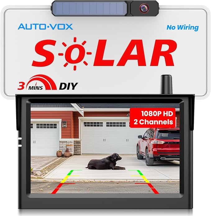AUTO-VOX Solar Wireless Backup Camera for Car SUV Truck with 5" HD Monitor | Quick No Wiring Setup, Less Charging, Clear Rear View for Driveway, Parking, and Daily Backing Up