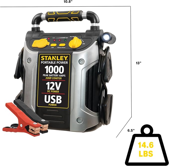 STANLEY J509 Portable Power Station Jump Starter 1000 Peak Amp Battery Booster, USB Port, Battery Clamps