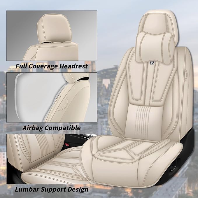 Arazi Fit for 98% of Mazda Seat Covers, 360° Full Wrap Original Seat Cover, Waterproof Nappa Leather Seat Covers with Big Space Storage Pocket Seat Protector（2 Seats Luxury, Beige）
