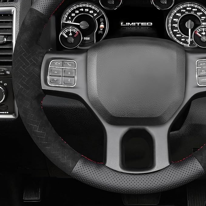 MEWANT Hand Stitch Black Real Leather Embossed Athsuede Steering Wheel Cover for Dodge RAM 1500 2012-2018 1500 Classic