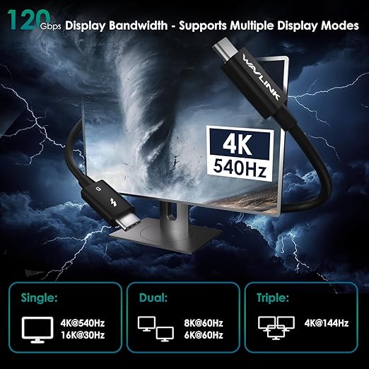 WAVLINK Thunderbolt 5 Cable, 120Gbps Fast Data Transfer and 240W Power Delivery USB-C Cable, 8K/16K Display Support, Backwards Compatible TB4/3/USB4/3, Ideal for Gaming, Laptops, Monitors, Docks-2.6ft