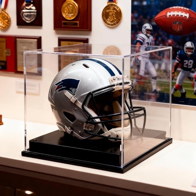 Football Helmet Display Case, Crystal Clear Acrylic Showcase with Stainless Steel Screw Feet, Helmet Case with Black Protection Holder Base, Self-Assembly Dust-Proof Helmet Case for Sports Memorabilia