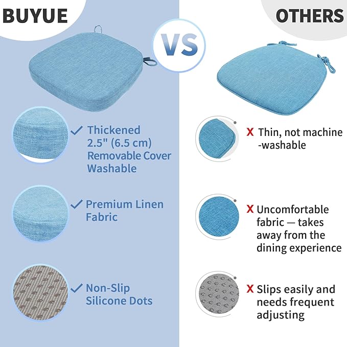 BUYUE Thickened 2.5" Dining Chair Cushions Set of 6, U-Shape High Density Foam Comfortable Chair Pads for Kitchen, Slip Resistant Indoor Seat Cushions (6 PCS, Light Blue)