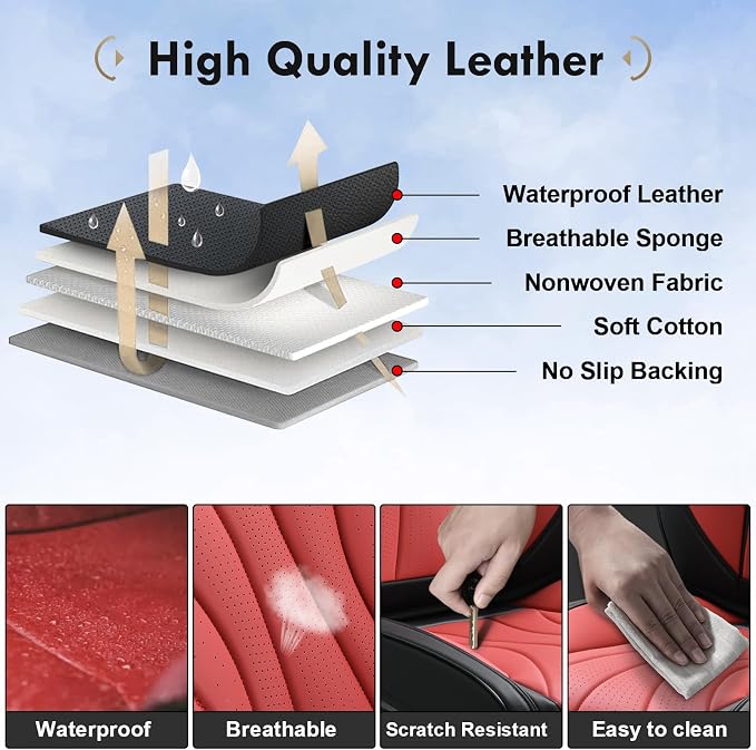 Coverado Car Seat Covers Full Set, Premium Leather Seat Cover for Cars, Front and Back Car Seat Protector, Waterproof Car Seat Cushion Universal Fit for Most Vehicles(Black&Red)