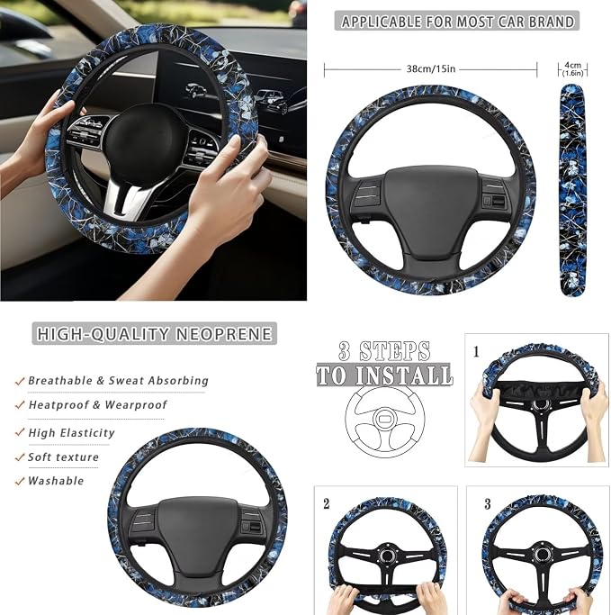 15 Pcs Blue Camouflage Car Seat Covers Full Set for Women Butterfly Car Accessories Interior Car Steering Wheel Cover Seatbelt Covers Trash Bin Rear View Mirror Cover Cup Holders Keychain
