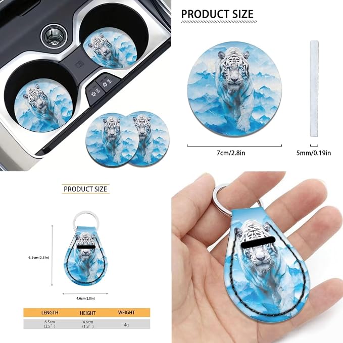 Xoenoiee White Tiger Print Front Rear Seat Cover for Car SUV Interior Accessories Set with Steering Wheel Cover, Seat Belt Cover, Auto Coasters, Key Chains, 11 Pcs