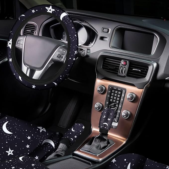 Tallew 26 Pieces Skeleton Cat Moon and Stars Car Seat Cover Full Set for Women Men Rubber Steering Wheel Cover License Plate Frame Mirror Covers Moon and Stars Car Accessories for SUV Truck(Moon)