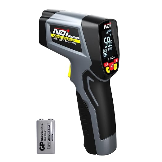 NDI High-Precision Infrared Thermometer Temperature Gun, -58℉ to +2372℉, Multi-Purpose for Cooking, Steel Smelting, Automotive Engine Repair, HVAC IRT Gun with Adjustable Emissivity