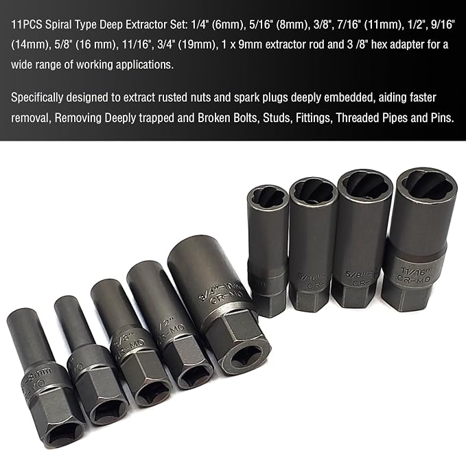 11PCS Spiral Type Deep Extractor Set, Stripped Bolt Remover Lug Nut Extractor Set, Spark Plug Easy-out Set, Lug Nut Removal Tool Set for Removing Deeply trapped and Broken Bolts, Studs.