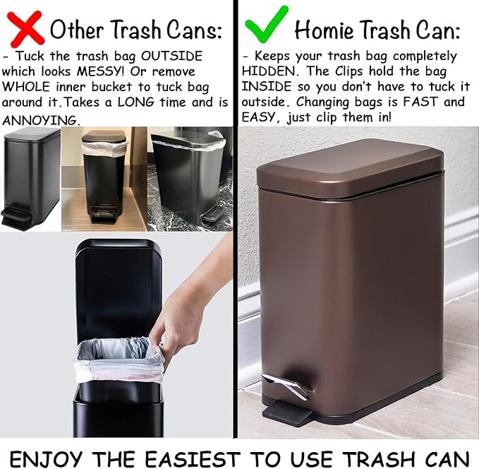 Homie Soft Close, Slim Trash Can 3.2 Gallon with Anti - Bag Slip Liner and Lid, Use as Mini Garbage Basket, Slim Dust Bin, or Decor in Bathroom, Restroom, Kitchen, or Bedroom (Bronze)
