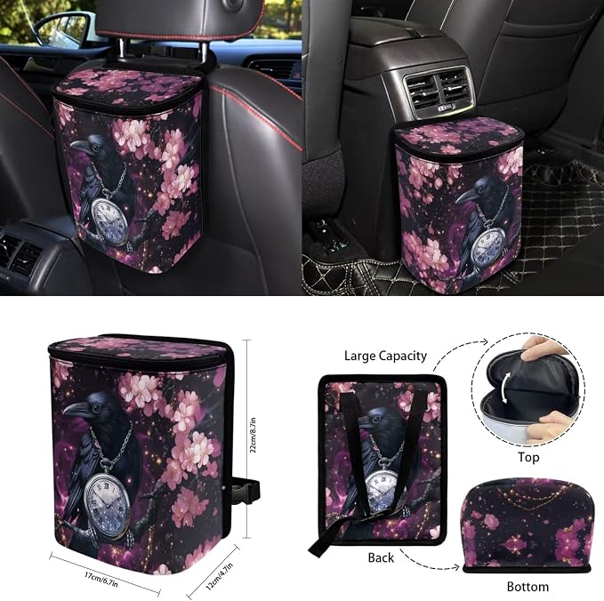 Cherry Blossoms Raven Car Seat Covers Full Set for Women Cute Car Accessories Interior Car Steering Wheel Cover Seatbelt Covers Trash Bin Rear View Mirror Cover Cup Holders Keychain