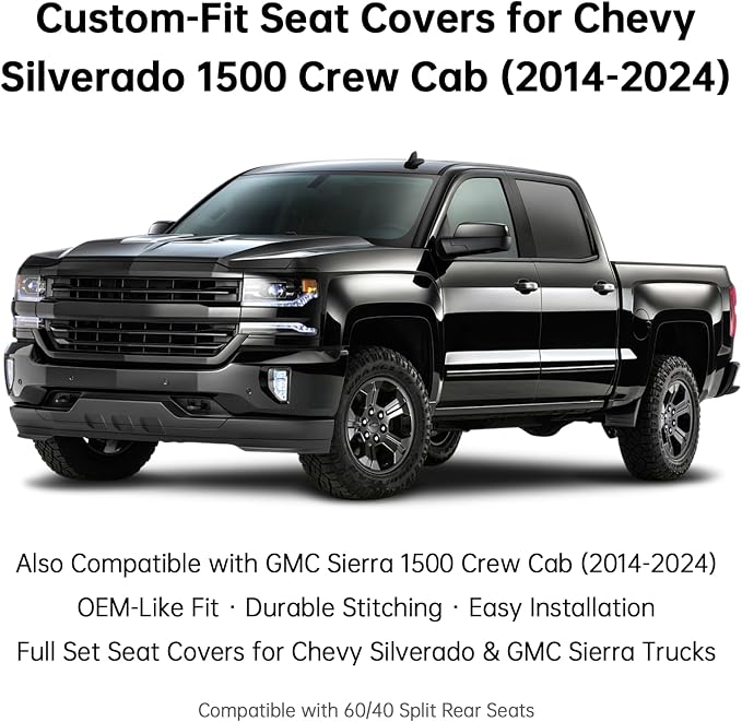 W&PMAX Custom-Fit Front Seat Covers for Chevy Silverado 1500 (2014–2019), Blue Front Set, Waterproof Leather, Airbag Safe, Easy Install